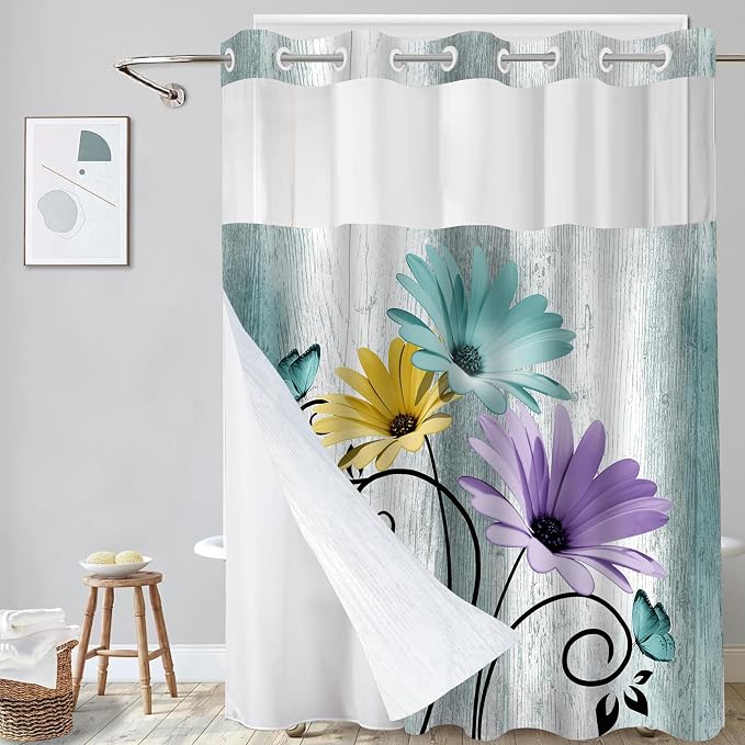 Hookless Shower Curtain with Snap in Liner, Farm Teal No Hook Shower Curtains for Bathroom，Shower Curtain and Liner Set for Bathroom Decor,Waterproof & Washable,72W x 75L Inch