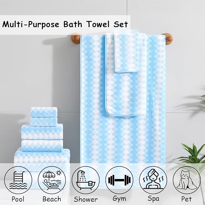 12 Pcs Blue White Diamond Towel Set-4 Bath Towels,4 Hand Towels,4 Washcloths Soft Polyester Towels with Loop Absorbent Shower Towel Quick Dry Beach Chair Towel Family Towels for Bathroom Spa Gym Pool