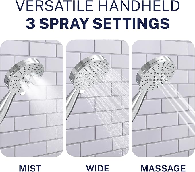 HammerHead Showers® Solid Metal 3-Spray Handheld Shower Head with Extra Long Hose and Shutoff Valve – Chrome - Perfect Dog Shower Head Attachment with 3 High Pressure Sprays - 2.5 GPM