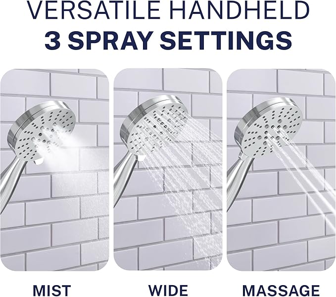 HammerHead Showers® Solid Metal 3-Spray Handheld Shower Head with Long Hose and Holder - CHROME - WIDE, MASSAGE, and MIST Sprays - 1.8 GPM Low Flow Handheld Showerhead - Water Saving Shower Head
