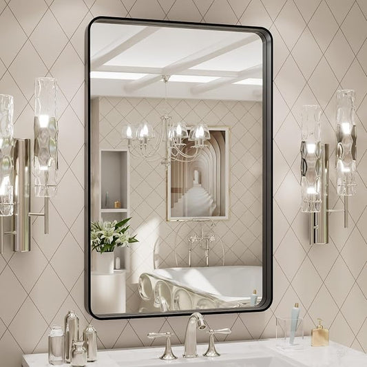 LOAAO 20X30 Inch Black Metal Framed Bathroom Mirror | Matte Black, Rounded Rectangle, Anti-Rust, Hangs Horizontally or Vertically