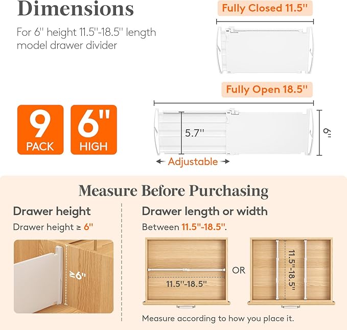 Lifewit 6" Tall Drawer Dividers, Adjustable Deep Drawer Organizer Clothes | 9 Pack 11.5"-18.5" Expandable White Plastic Separators for Dresser, Kitchen, Cabinet, Closet, Office Organization & Storage