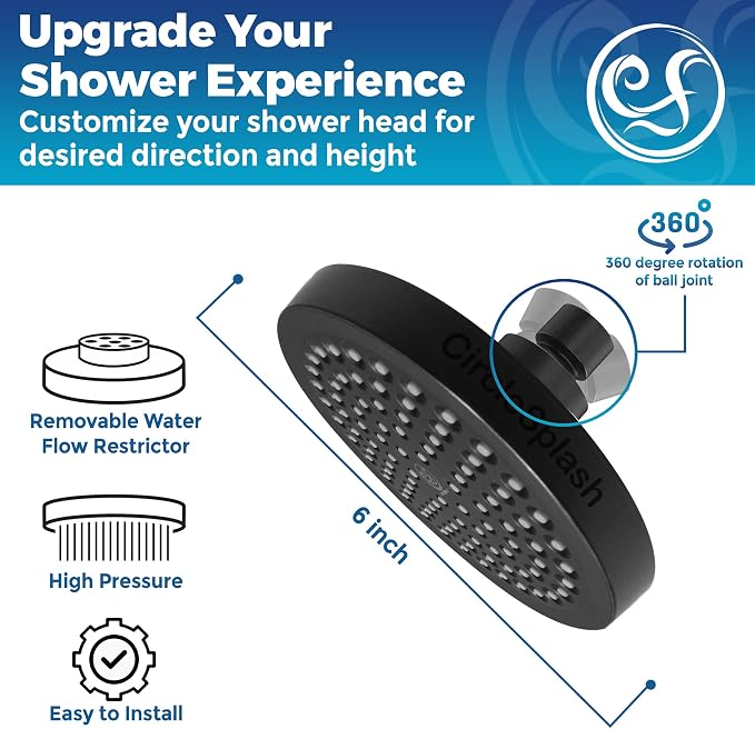 Shower Head - High Pressure 2.5 GPM - Matte Black | Anti-clog silicone nozzles, removable restrictor, easy-clean fixed replacement