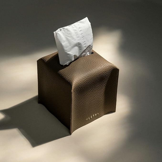 OLETHA Square Tissue Box Cover, Aesthetic Desk Decor, Tan Gray | Faux leather tissue box holder for room, home, office; fits Kleenex & Puffs cube boxes; velcro base; easy swap; wipes clean