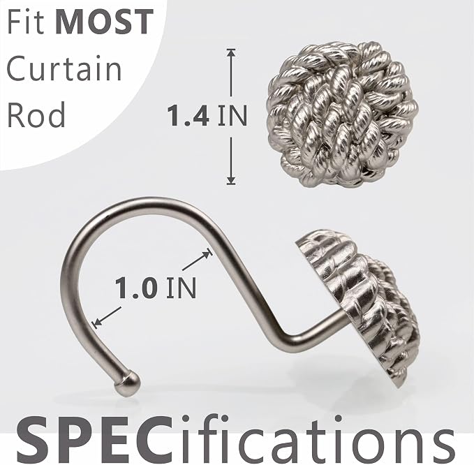 Brushed Nickel Shower Curtain Hooks: Rust Proof Metal Curtain Rings, 12Pcs | Nautical Knotted Rope Shower Hooks, Heavy Duty Hanging Hangers for Shower Rod, Gift for Farmhouse & Coastal Bathroom Decor