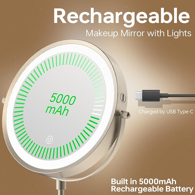 9" Lighted Makeup Mirror with 1X 10X Magnification, Brushed Nickel Finish | 5000mAh Rechargeable Magnifying Vanity Mirror Height Adjustable,Light Up,3 Colors,Dimmable,Cordless,Tall Telescoping Stand