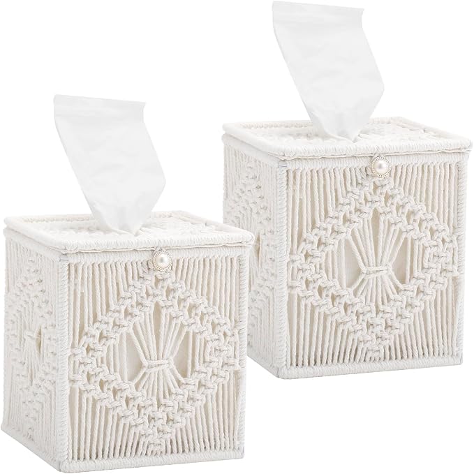 Macrame Tissue Box Cover, 2 Pack Square Boho Decor Tissue Holder, Handmade Woven Cotton Rope Organizer with Open Bottom for Bedroom, Bathroom, Living Room, Office - Ivory