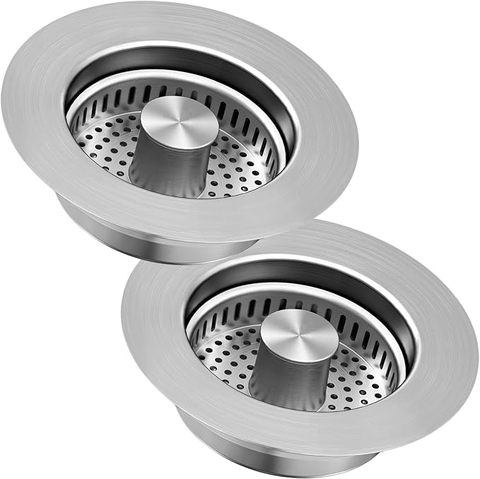 Sink Drain Strainer 3 in 1, 304 Stainless Steel Pop Up Kitchen Sink Stopper with Anti-Clogging Basket, Kitchen Essential Drain Anti-Clog Gadgets, Fits US Standard 3-1/2'' Sink Drain (Silver, 2 Pack)