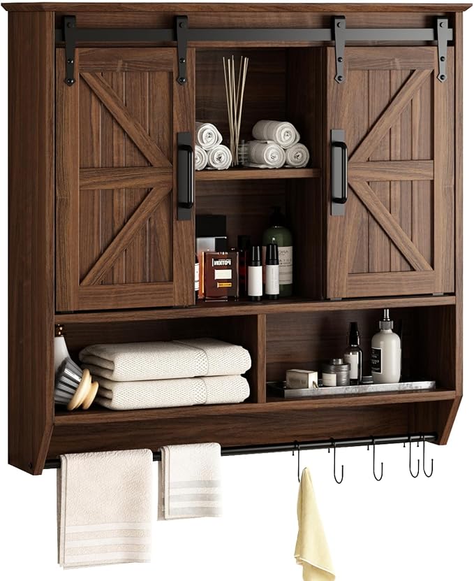 RUSTOWN Farmhouse Bathroom Wall Storage Cabinet with Sliding Barn Doors | 3-Tier, Rustic Wood Wall Mounted Cabinets, Vintage Medicine Cabinet, Adjustable Shelves, Over The Toilet Storage Cabinet