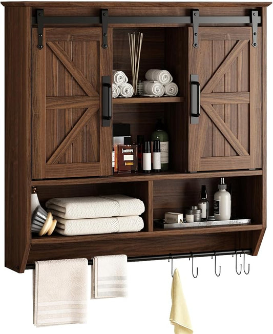 RUSTOWN Farmhouse Bathroom Wall Storage Cabinet with Sliding Barn Doors | 3-Tier, Rustic Wood Wall Mounted Cabinets, Vintage Medicine Cabinet, Adjustable Shelves, Over The Toilet Storage Cabinet