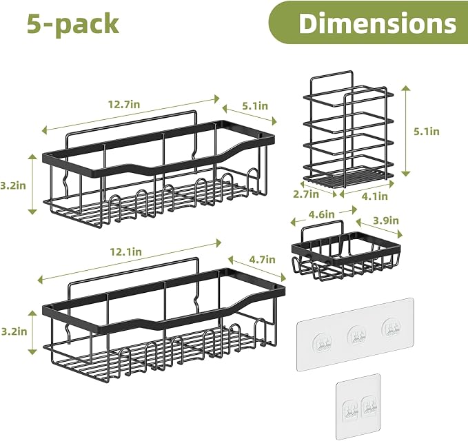 Simple Trending Shower Caddy, 5 Pack Stainless Steel Shower Shelves | Rustproof Shower Organizer with Large Capacity, No Drilling Bathroom Organizer Adhesive, Black Metal Storage Basket