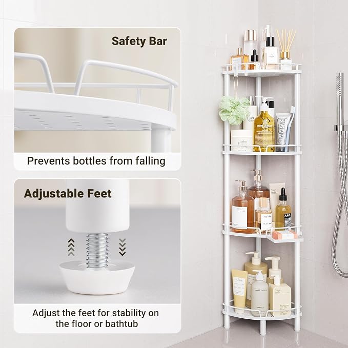ELYKEN Corner Shower Caddy Standing, 4 Tier Metal Shower Organizer, White | Stainless Steel Shower Shelves with Soap Holder, Adjustable Feet & 2 Hooks for Storing Bath Essentials in Bathroom corner