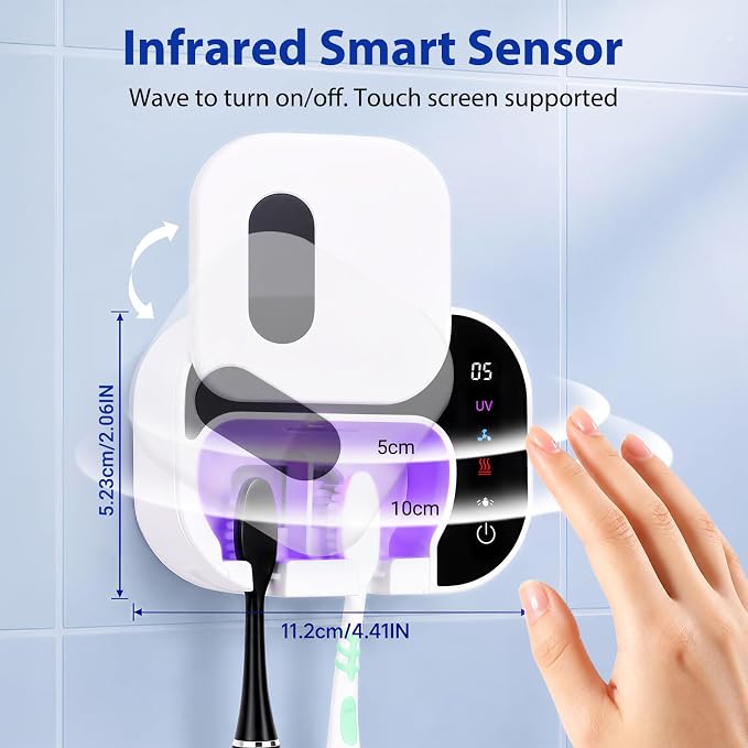 FamilyKit Toothbrush Cleaner Holder, Infrared Sensing & Drying with 2 Slots | Portable Toothbrush Covers Case, Wall Mounted Tooth Brush Holder with LED Smart Display & Hot Air Drying for Home Travel