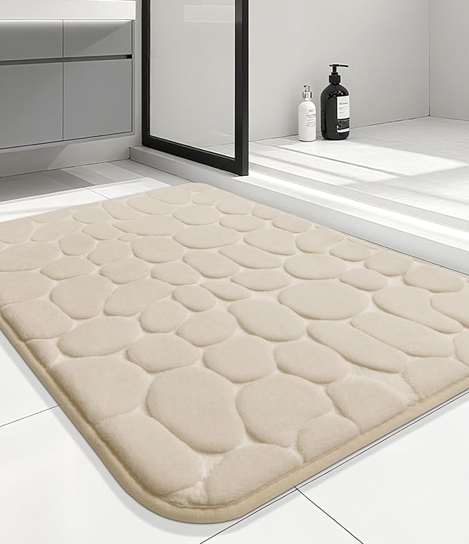 Memory Foam Runner Rug, Cobblestone Bathroom Runner Rugs Super Water Absorbent Bath Mats for Bathroom Machine Washable Bath Rugs for Hallway Bedroom Laundry Room(20 x 47,Khaki)