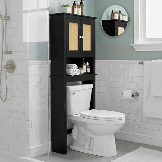 Over Toilet Storage Cabinet with Barn Door & Adjustable Shelves | 24 Inch Wide Bathroom Organizer, Space-Saving, Sturdy Wood, Anti-Tipping, Easy Assembly, for Restroom, Laundry, Small Spaces