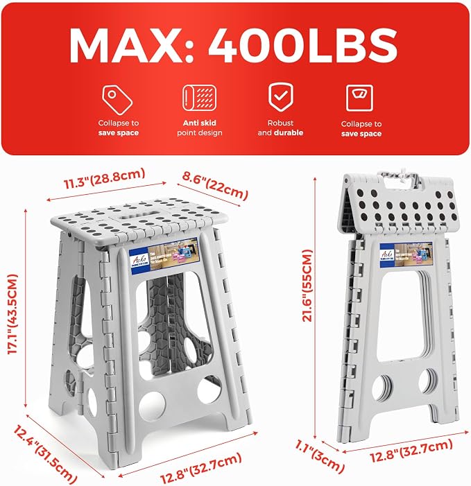 ACKO Folding Step Stool 17.5 Inch, 400 lbs Capacity Foldable Stools, Gray | Portable Heavy Duty Collapsible Foot Stool with Handle for Adults & Kids, Non-Slip, Safety Lock, Kitchen Bathroom Outdoor