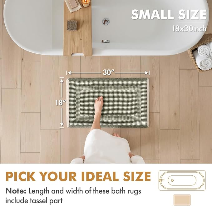 MIULEE Set of 2 Waffle Bathroom Rugs Green & Cream Boho Bath Mat 18x30 in | Looped Design, Super Absorbent, Non Slip, Washable, Ultra Soft, Rubber Backed, Bathroom Mats for Floor Tub Shower