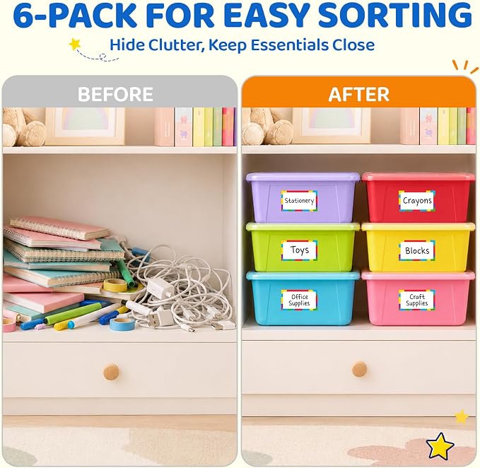 GAMENOTE 6 Quart Storage Bins with Lids, Plastic Latching Box for Classroom & Kids Toy Storage,Stackable Shoe Box Size Containers for STEM Morning Tubs, Crafts & Blocks (6, Macaron)
