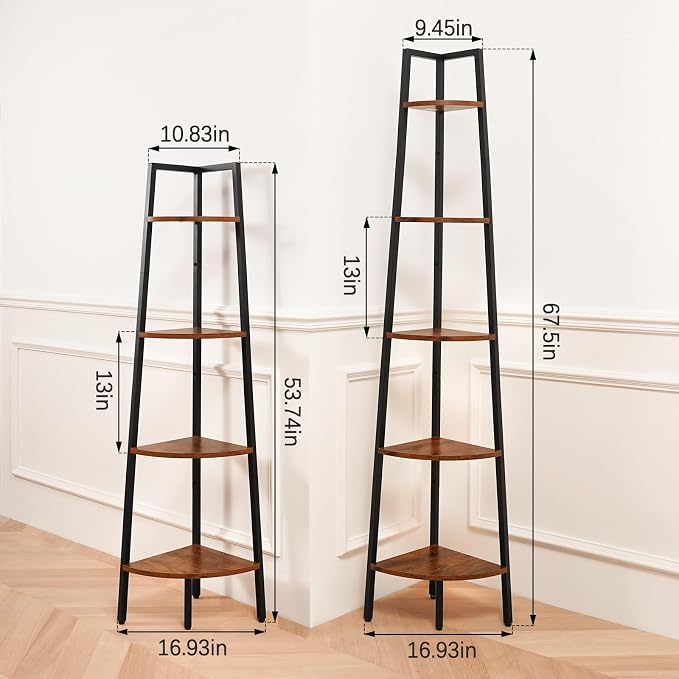 Yoobure 5-Tier Corner Shelf Stand- 67.5" Tall Corner Bookshelf with Metal Frame, Industrial Ladder Corner Shelves Display Shelf for Bedroom Living Room, Corner Bookcase Corner Plant Stand for Balcony