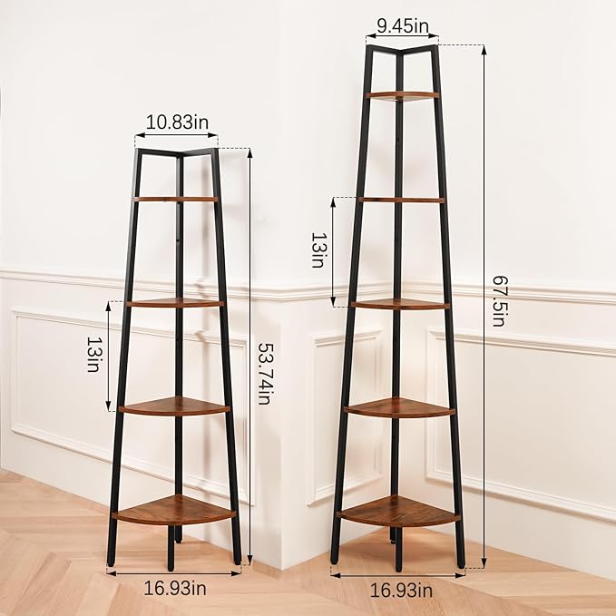 Yoobure 4-Tier Corner Shelf Stand- 54" Tall Corner Bookshelf with Metal Frame, Industrial Ladder Corner Shelves Display Shelf for Bedroom Living Room, Corner Bookcase Corner Plant Stand for Balcony
