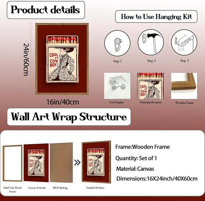 Vintage Western Cowgirl Wall Art Trendy Southwest Cool it Cowboy Matchbox Wall Decor Picture Coastal Cowgirl Poster Canvas Painting Print for Living Room Bedroom 16x24 inch Wood Framed