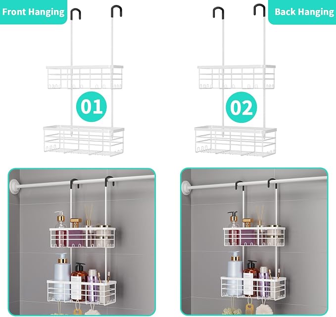 HapiRm Hanging Shower Caddy Organizer - No Drilling Shower Organizer with Hooks, Rustproof & Waterproof 304 Stainless Steel Bathroom Shelves - White