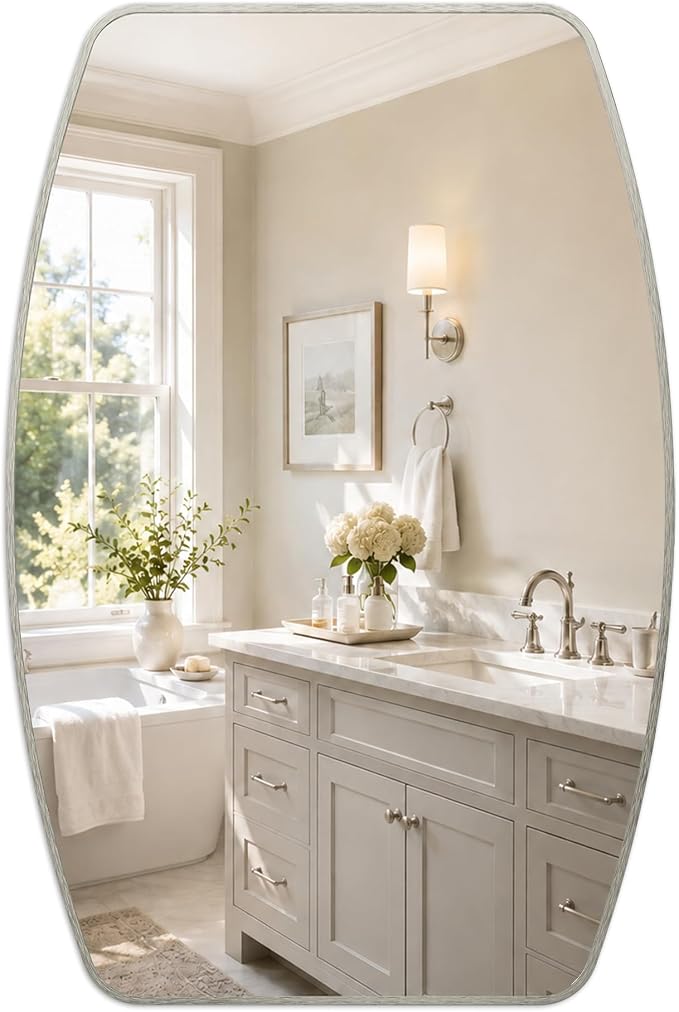 Brushed Nickel Curved Rectangle Bathroom Mirror, 24x36 Inch | Aluminum alloy frame, tempered glass, two-way keyhole mount, for bedroom, dresser, hallway