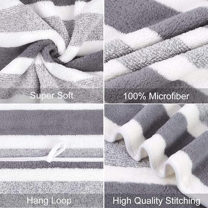 JML Microfiber Bath Towels Set of 2 – 27"x55" Super Absorbent, Quick Dry, Lint-Free & Fade-Resistant, Soft Lightweight Travel Towel for Gym Yoga Camping with Hanging Loop,Double Stripe Grey
