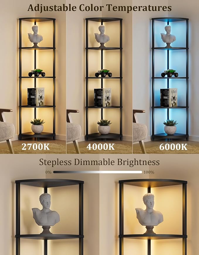 Corner Shelf with LED Light, 5 Tier Smart Color Changing Floor Lamp with Remote, 62" Display Shelf Bookshelf Narrow Storage Rack Standing Lamp for Living Room Bedroom Home Office Décor