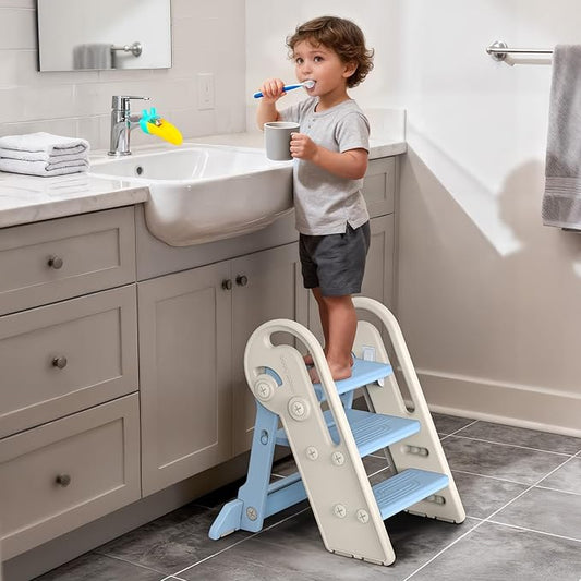 Toddler Step Stool with Handles, Adjustable Kids Stool Converts from 3-Step to 2-Step, Non-Slip and Anti-Tip Design for Safer Potty Training, Bathroom Sink and Kitchen Counter- Blue