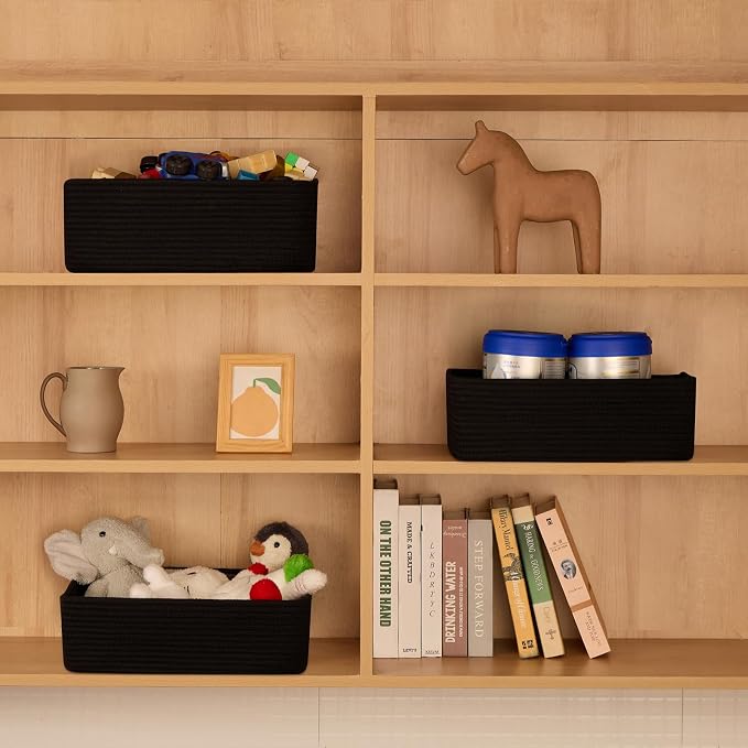MiniArk Large Shallow Organizing Baskets 15x11x5.1 Inches - Rope Woven Storage Bins for Bathroom, Shelves, Cube Closet, Black 2 Packs