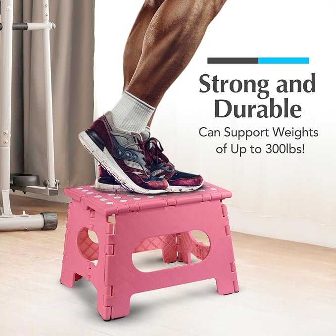 Handy Laundry Folding Step Stool 9 Inch, Pink, Non-Slip Holds 300 lbs | 9 Inch, Pink, Foldable Collapsible Step Stool, Non-Slip, Holds 300 lbs, Kitchen Bathroom Bedroom, Adults
