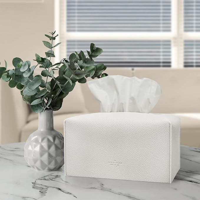 Tissue Box Cover, [Refined] Modern PU Leather Rectangular Tissue Box Holder - Decorative Holder/Organizer for Bathroom Vanity Countertop, Night Stands, Office Desk 9.5"X5"X5" - White