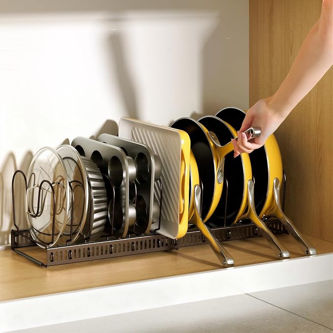 Pots and Pans Organizer under Cabinet, 11.8-22.8" 12 Dividers Bronze | Extends 11.8-22.8", Holds pot lids, pans, cookware and bakeware, Adjustable dividers, for under cabinet or countertop