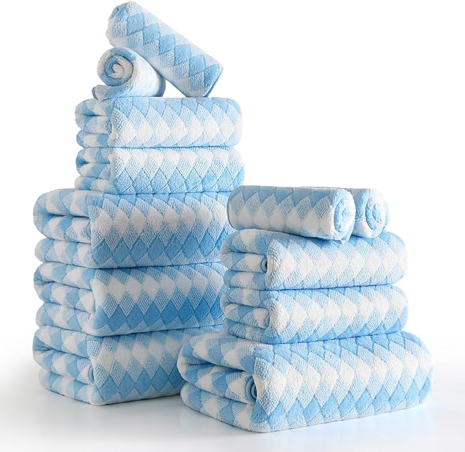 12 Pcs Blue White Diamond Towel Set-4 Bath Towels,4 Hand Towels,4 Washcloths Soft Polyester Towels with Loop Absorbent Shower Towel Quick Dry Beach Chair Towel Family Towels for Bathroom Spa Gym Pool