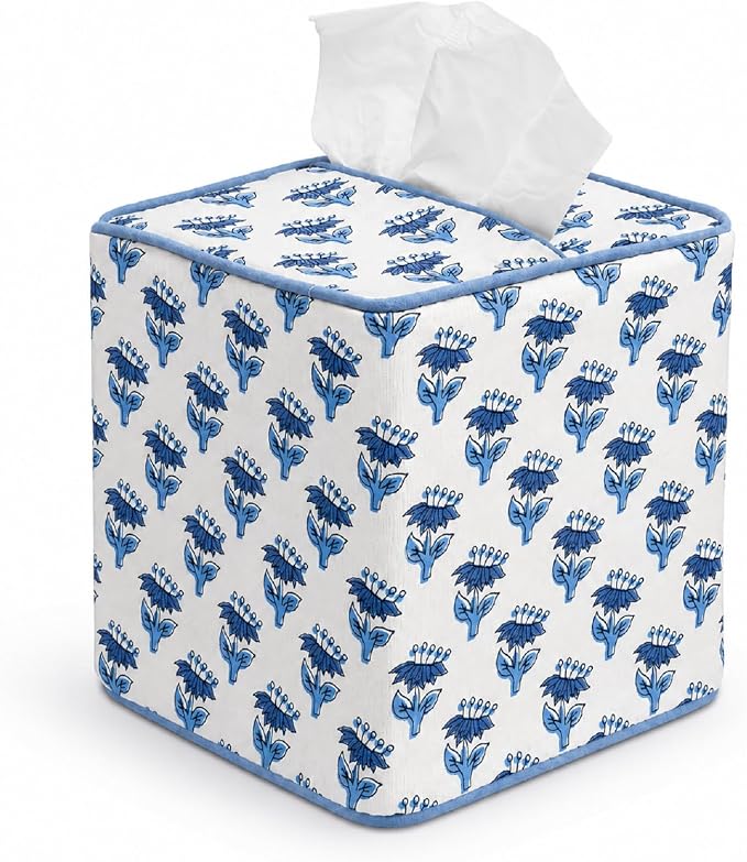 Blue Fabric Tissue Box Cover - Floral Print Tissue Box & Decorative Square Napkin Holder Handmade Cotton for Home Bedroom Vanity Countertop Night Stands Office (Dark Blue)