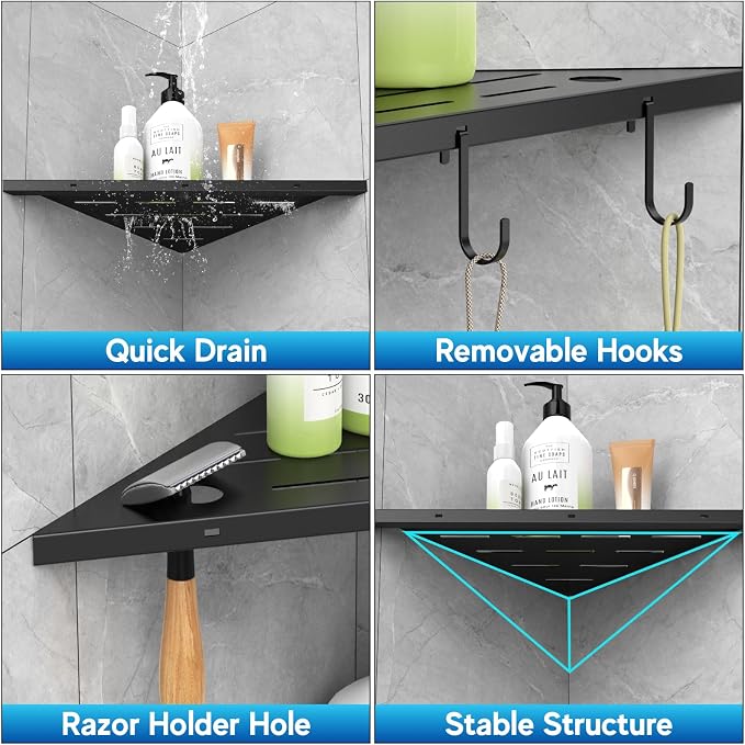Corner Shower Shelves, 10" Matte Black 304 Stainless Steel Recessed Shelf for Bathroom，Grout in Shelf with Hooks for Tiled Wall 2 Pack (Black)