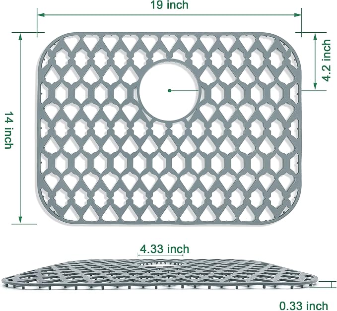 Silicone Sink Protector for Multi-Size Kitchen Sink(19"x14", Rear Drain) | Flexible and durable, heat-resistant, machine washable, non-slip, gray grid.