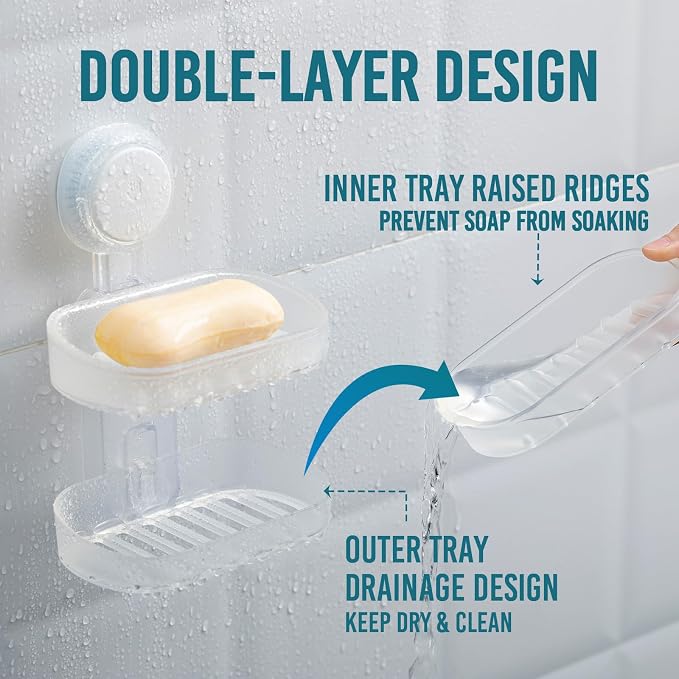 TAILI Soap Holder, Soap Dish for Shower Suction Cup, Bar Soap Holder, Clear | 2 Layer Removable Soap Holder Shower, Soap Tray for Shower Wall, Drill Free Sponge Holder, Bathroom & Kitchen, No drill