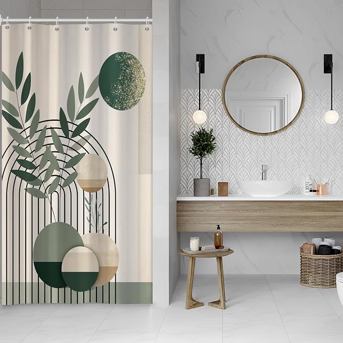 Mid Century Sage Green Stall Shower Curtain with Hooks 48x72 Inch | Waterproof Small Abstract Green and Beige Bathroom Curtain for Shower Stall, Machine Washable