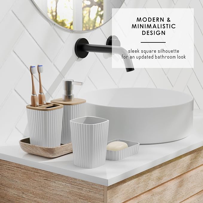 Clara Clark White Bathroom Set, Bathroom Sets with Shower Curtain and Rugs | 22 Piece Bathroom Accessories Set with Toothbrush Holder, Soap Dispenser, Soap Dish, Toilet Brush, and Bathroom Trash Can