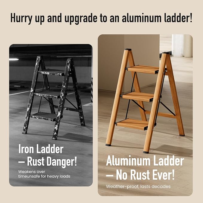 Mayi Plus 3 Step Stool Foldable, Aluminum, Lightweight Step Ladder | Extra-wide anti-slip folding steps with 330 lbs, for home,kitchen,office,outdoor,Woodgrain