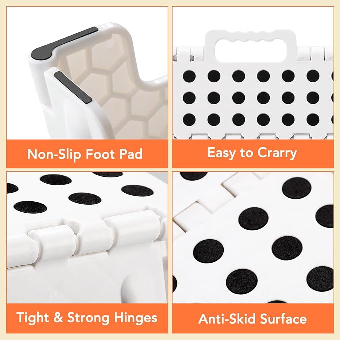 9 Inch Folding Step Stool, 15 Inch Extra-Wide, 300 lbs, White | Non-Slip Heavy Duty Foldable Step Stool for Kids and Adults, Extra-Wide for Comfort and Stability, for Bathroom and Kitchen