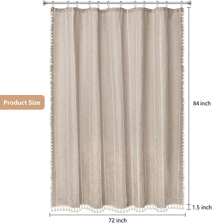Seenus Boho Farmhouse Shower Curtain Heavyweight with Tassels, 72 x 84 Inch Extra Long Taupe Linen Textured Fabric Shower Curtain for Bathroom, Tan and White Striped Bath Décor Curtain Water Repellent
