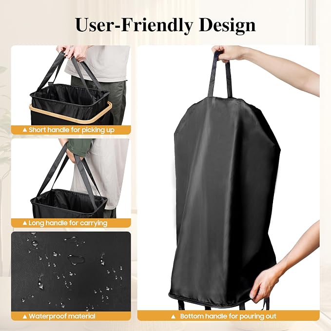 Foluck 100L Laundry Hamper with Lid Removable Bag and Bamboo Handles | Waterproof Self-locking Inner Bag, 3 Different Handles, 600D Cationic Cloth, for Dorm Bedroom Bathroom