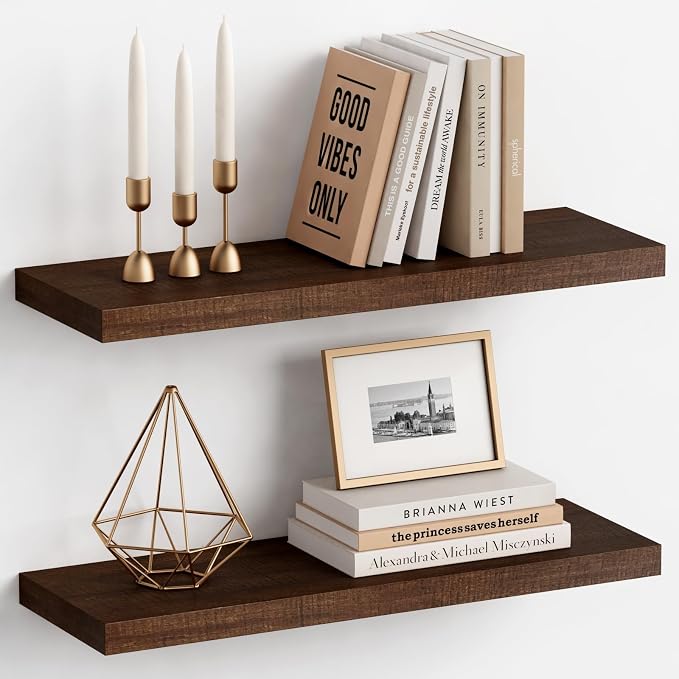 Harwaya 24 Inch Floating Shelves - Bathroom Shelves Wall Mounted | Rich Dark Wood Texture Patten | Ideal for Bedroom Office Kitchen Living Room Books Plants | 2-Pack