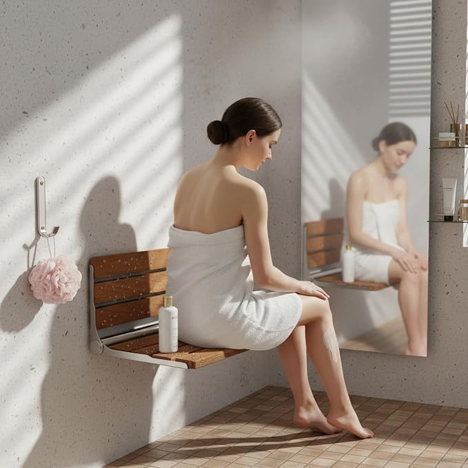 Foldable Shower Seat Wall Mounted 16 in Wide, Teak Bench for Small Shower | Foldable Design, Shower Use