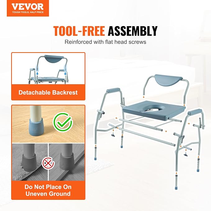 VEVOR Raised Toilet Seat, Adjustable Height with 5 Levels, Drop-Arm Design, Detachable Backrest, 7L Easy-Clean Bucket, Quick Assembly, Support up to 1000lbs, Ideal Bedside Commode for Elderly & Adults
