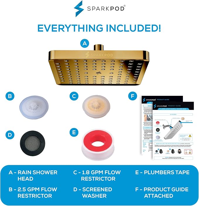 SparkPod Rain Shower Head, 8 Inch Square, Egyptian Gold Finish | High Pressure Shower Heads, 90 Nozzles, Adjustable Showerhead, No Tools Needed, Universal Connection