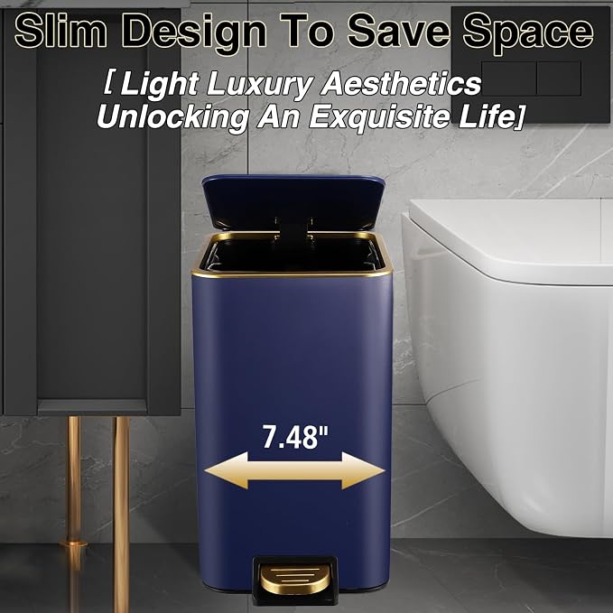 XLHOMO Navy Blue Bathroom Accessories Set 8 Piece Navy Blue and Gold Bathroom Set, Bathroom Sets with Stainless Steel Trash Can,Toilet Brush,Toothbrush Set,Soap Dispenser
